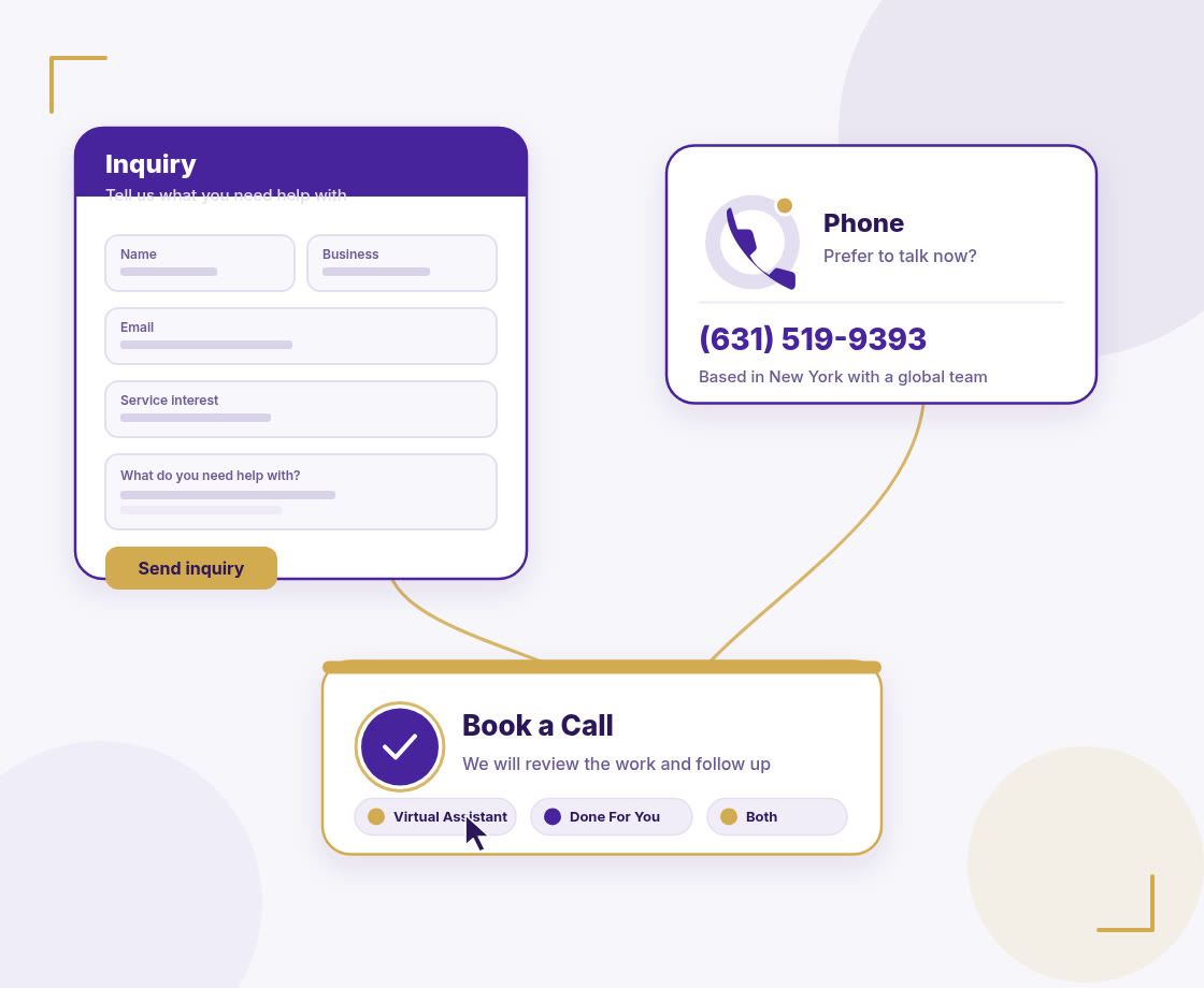 Inquiry form, phone, and Book a Call cards